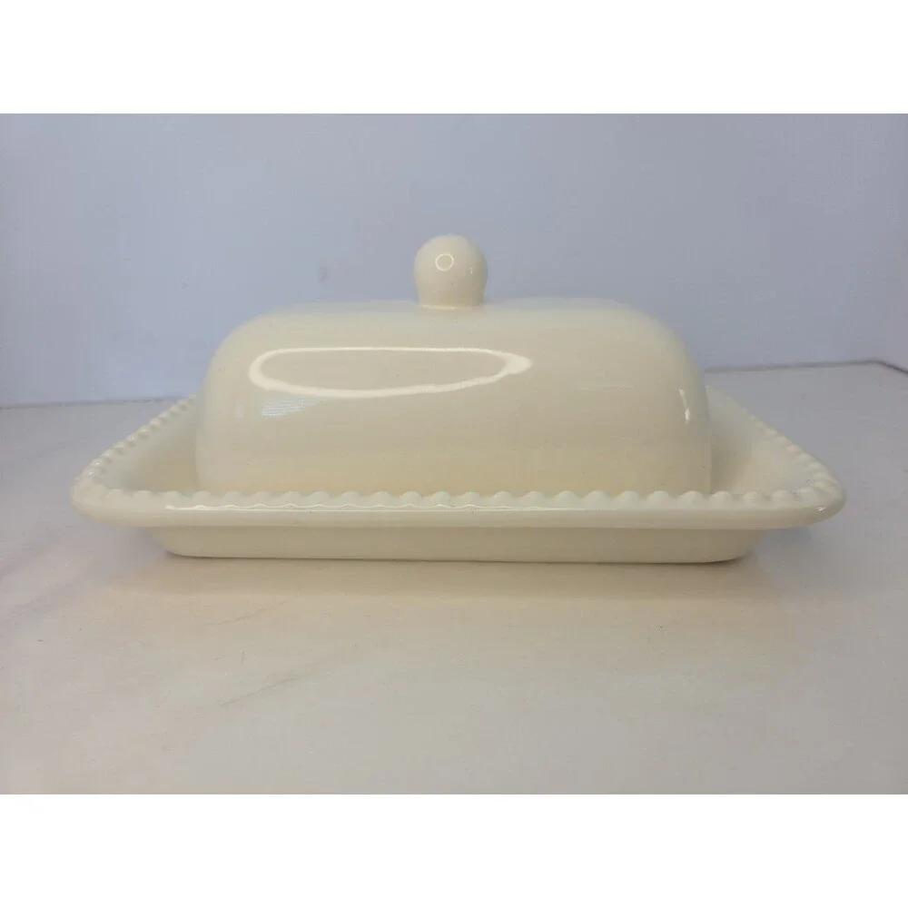 Pottery Barn Emma Off White Beaded Stoneware Covered Butter Dish w/Lid NWOB